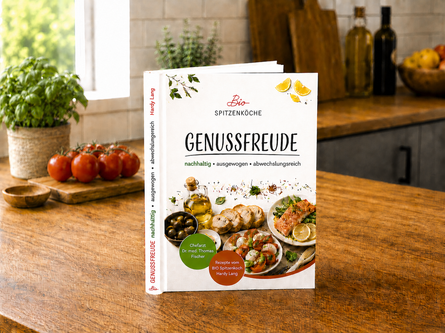 Das Kochbuch Genussfreude auf einem Küchentisch mit Kräutern, Tomaten und mediterranen Zutaten.