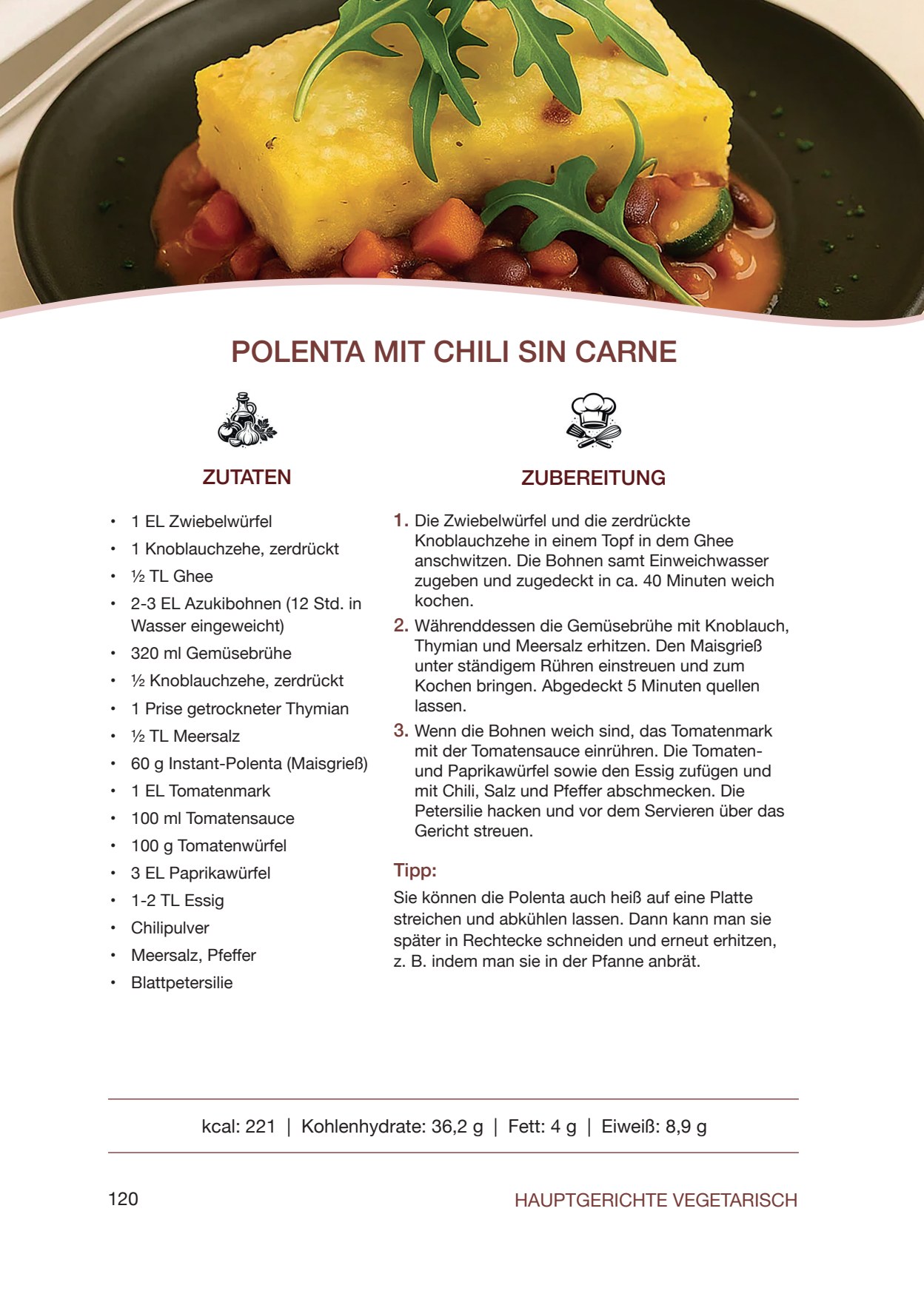 Buchseite 120: Polenta mit Chili sin Carne.
