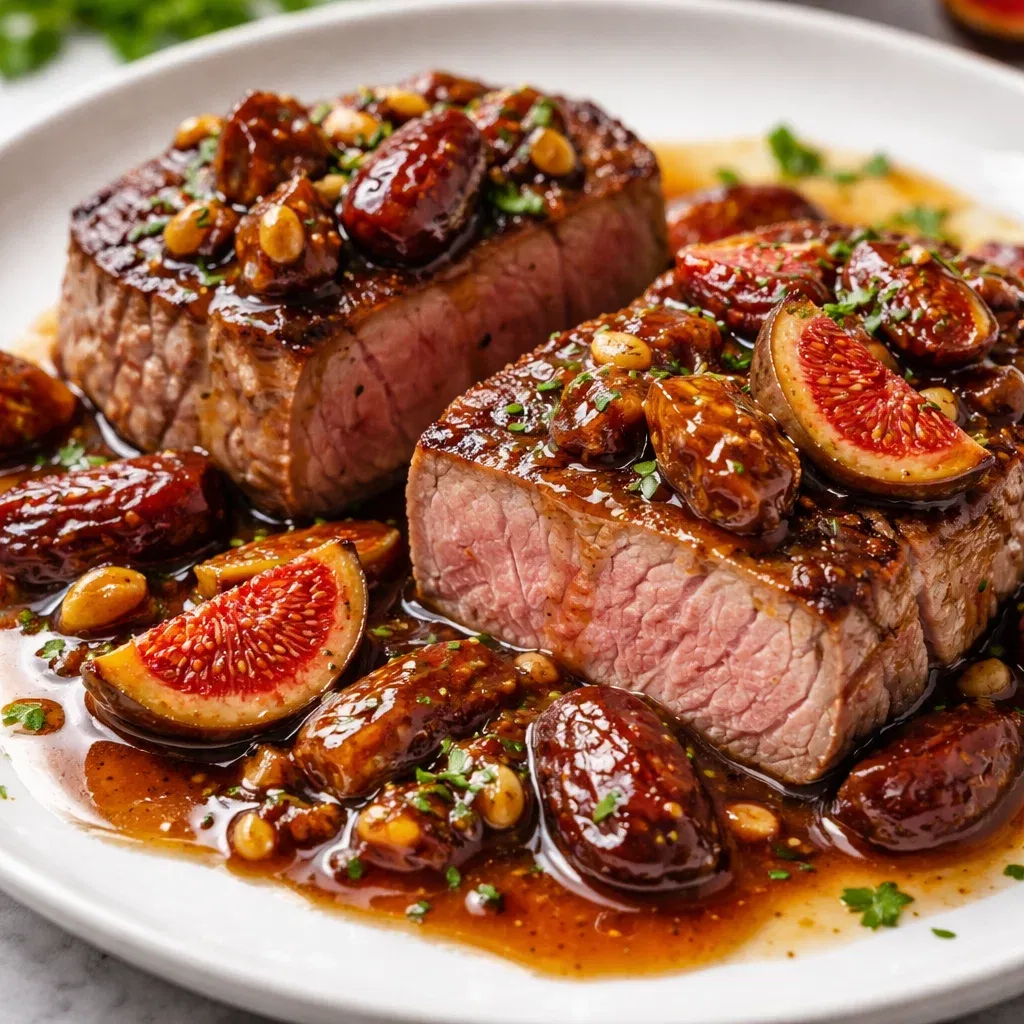 Kalbsfilet in Feigen-Dattel-Sauce, glasiert und mit frischen Kräutern bestreut.