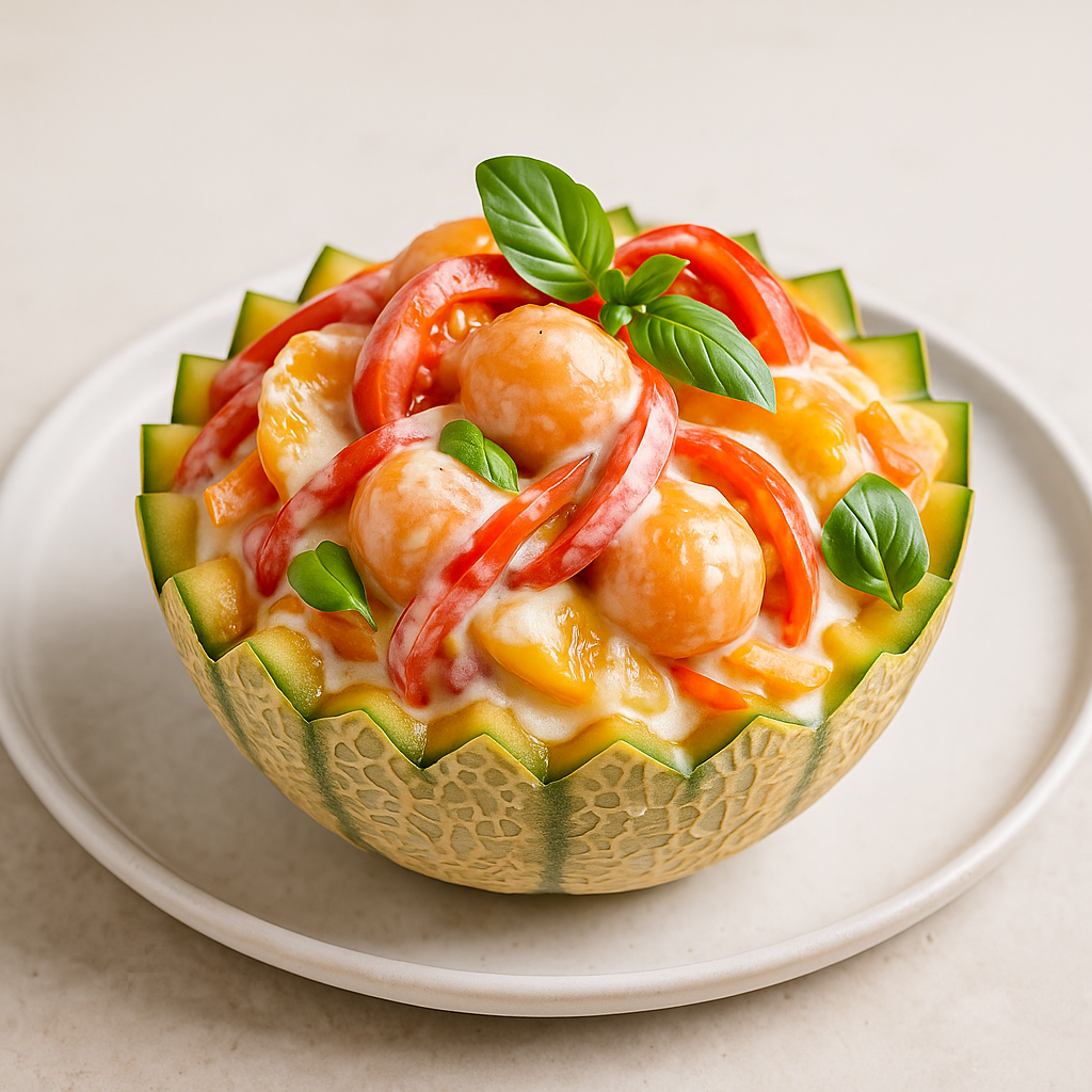 Melonen-Tomaten-Salat serviert in einer ausgezackten Melonenhälfte.