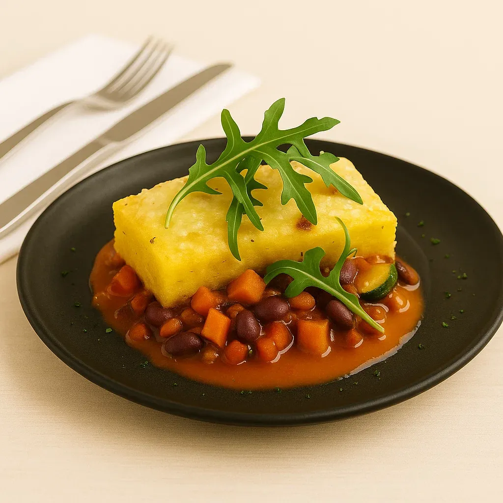 Goldgelbe Polenta auf Chili sin Carne mit Azukibohnen und frischer Rucola.